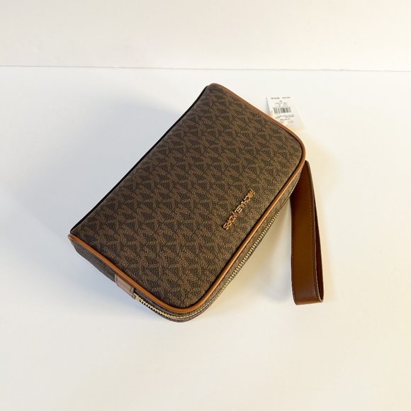 Michael Kors Jet Set Item Medium Travel Pouch Double Zip Wristlet MK Brown - Picture 4 of 13